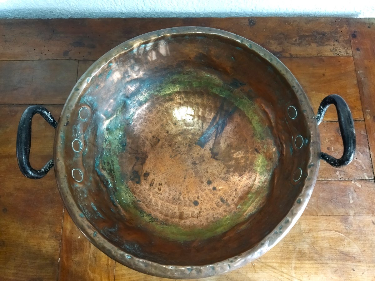 Antique Confectioner's/chocolatier's Basin, Thick Copper, Forged Steel Handles, "chicken Bottom"-photo-3