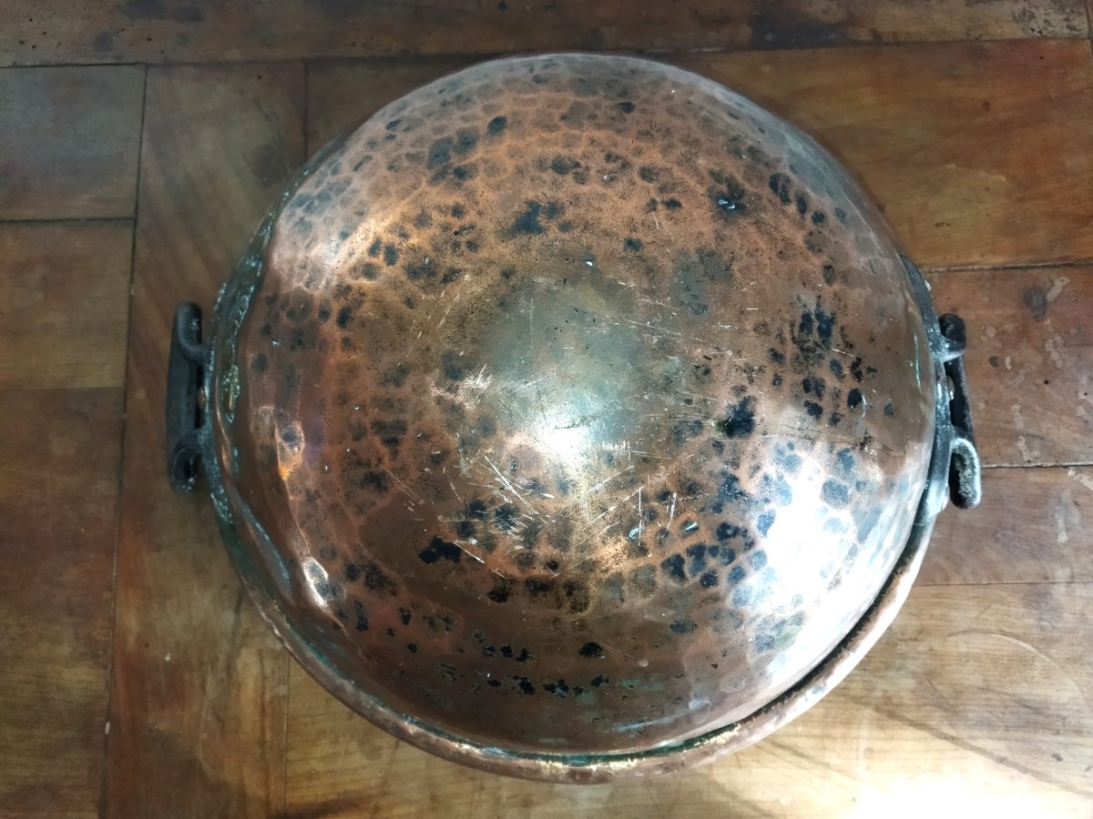 Antique Confectioner's/chocolatier's Basin, Thick Copper, Forged Steel Handles, "chicken Bottom"-photo-4