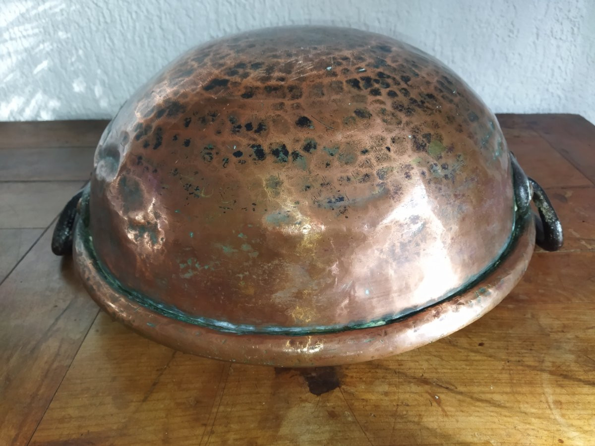 Antique Confectioner's/chocolatier's Basin, Thick Copper, Forged Steel Handles, "chicken Bottom"-photo-5