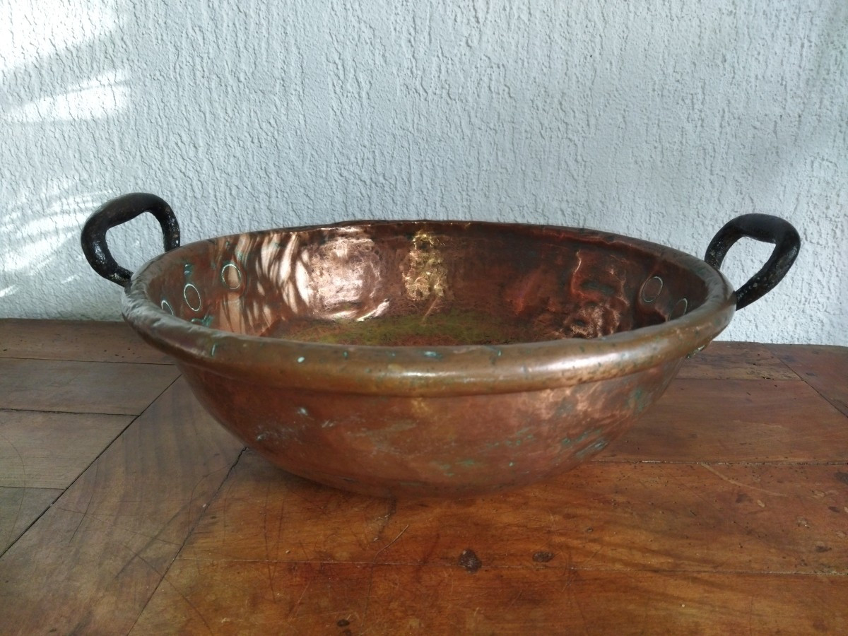 Antique Confectioner's/chocolatier's Basin, Thick Copper, Forged Steel Handles, "chicken Bottom"