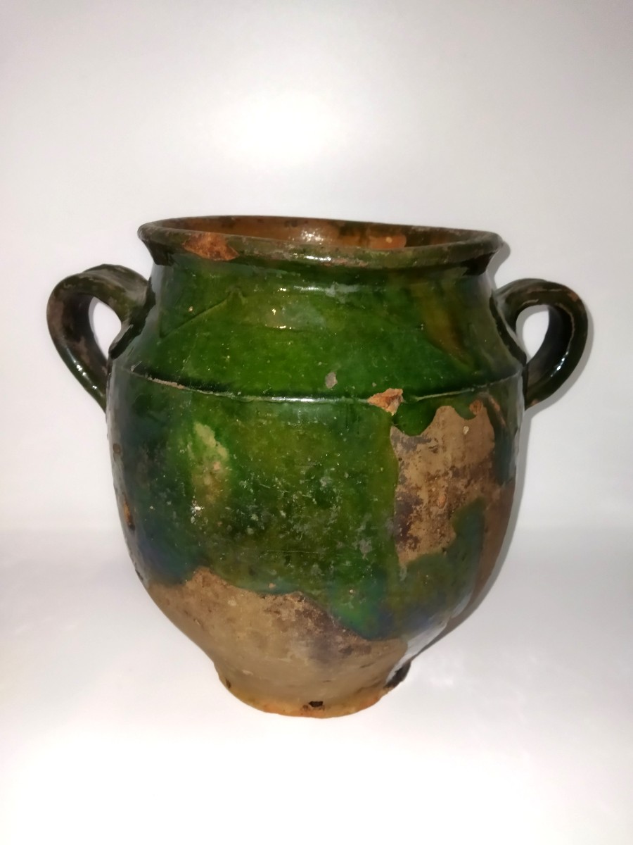 POTERIE Terre cuite Vernissée Verte Sud-Ouest Pot à Graisse/Confit Art populaire COLLECTION