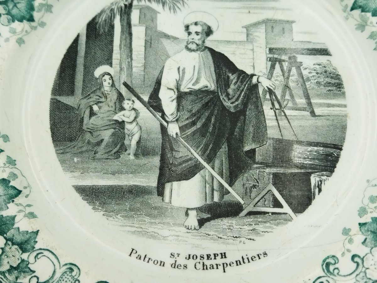 Creil & Montereau Plate Inscribed "st Joseph" & "st Hubert" Patrons Of Carpenters & Hunters -photo-3
