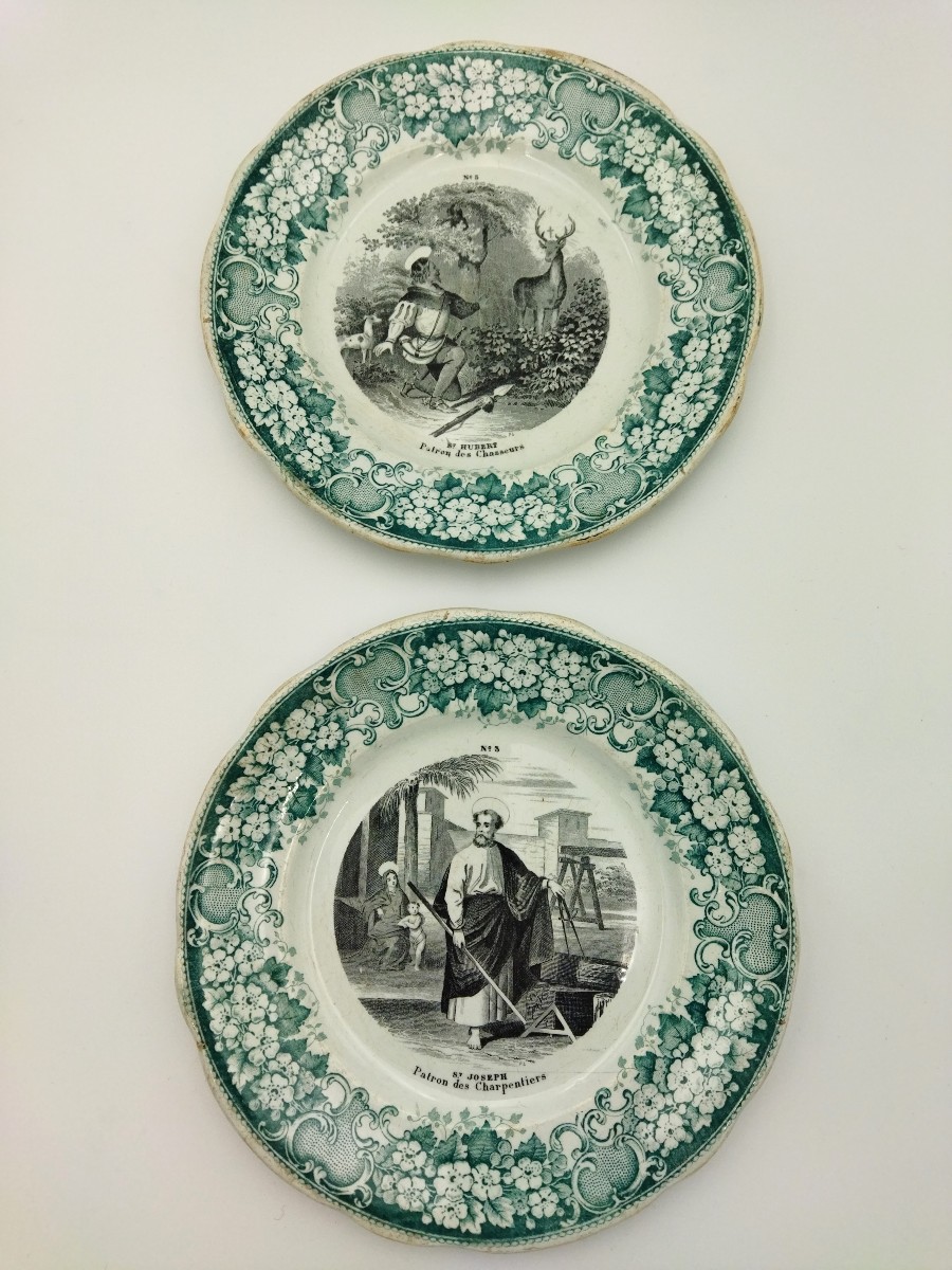 Creil & Montereau Plate Inscribed "st Joseph" & "st Hubert" Patrons Of Carpenters & Hunters 