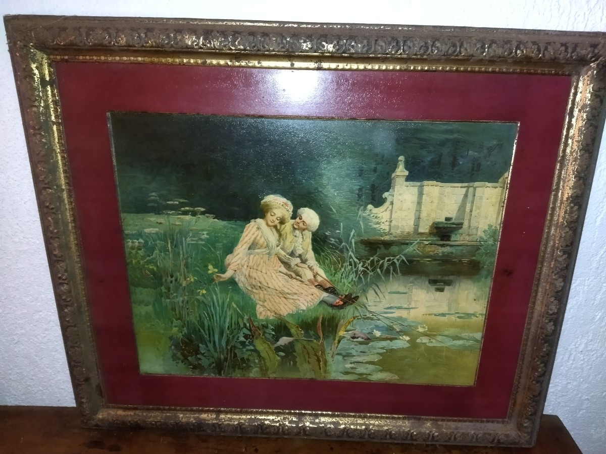 TABLEAU SUR MÉTAL Cadre Embouti Scènes romantique du XVIII Éditeur SIRVEN Toulouse Paris