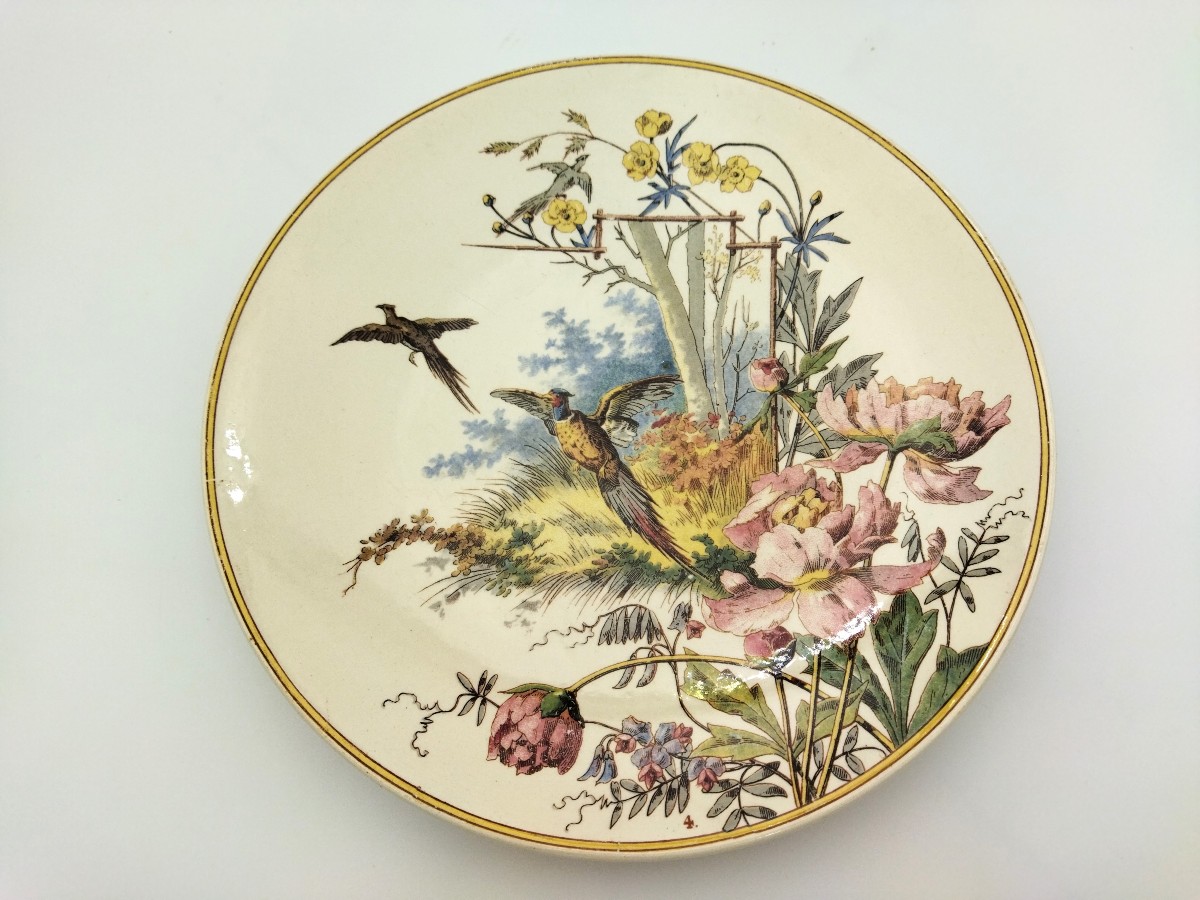Sarreguemines Antique Earthenware Plate With Pheasant Decoration, 19th Century, Collection