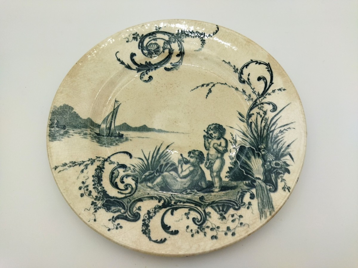 Vieillard Bordeaux Antique Earthenware Plate With Cherub Decoration "neptune" 19th Century