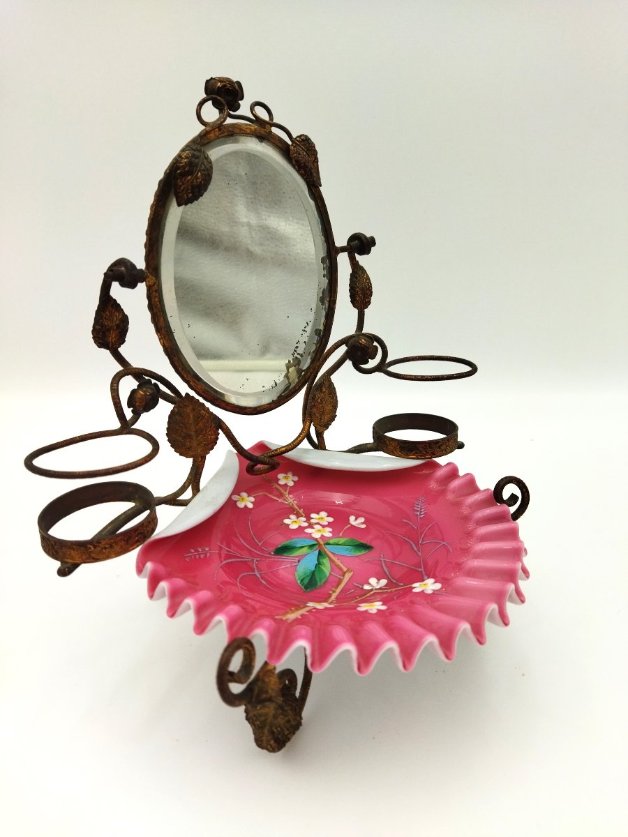 BAGUIER  Ancien  Porte Flacons Miroir Biseauté Laiton Repoussé NAPOLÉON  III-photo-4