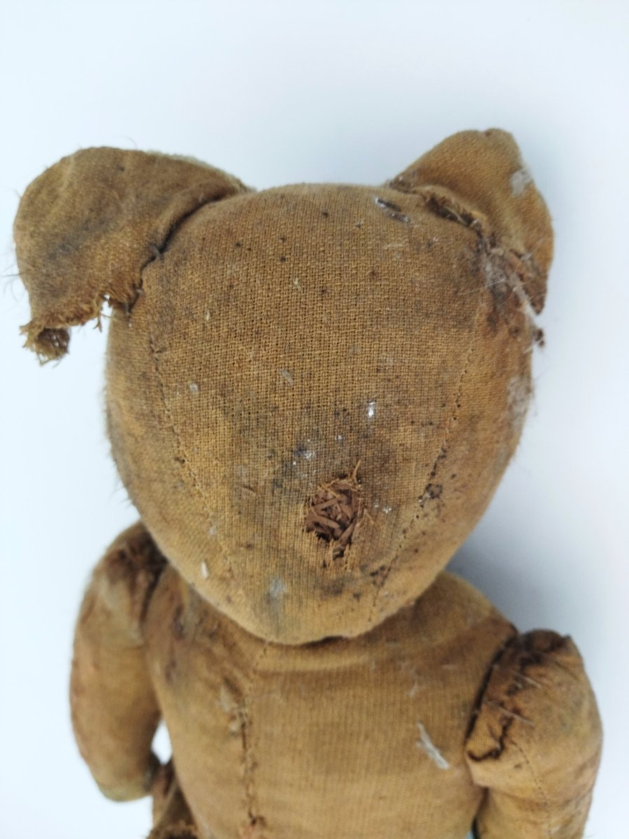 OURS Ancien Jouet d'Enfant Peluche De Collection Tissu & Paille XIX -photo-4