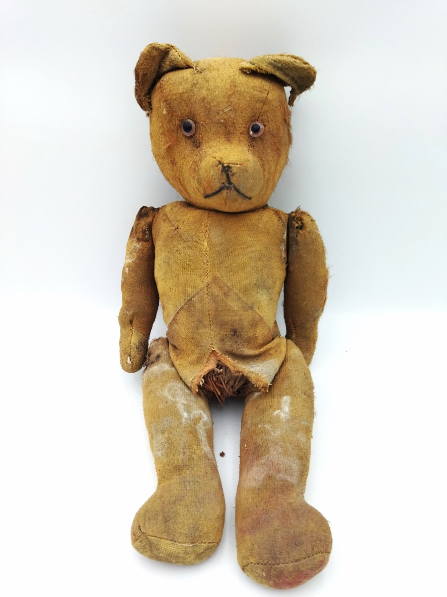 OURS Ancien Jouet d'Enfant Peluche De Collection Tissu & Paille XIX 
