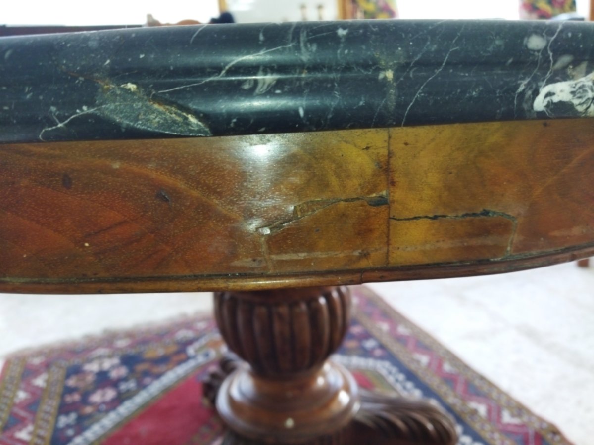 Pedestal Table, Solid Wood, Mahogany Veneer, Tripod Base With Claw Feet, Marble Top -photo-1