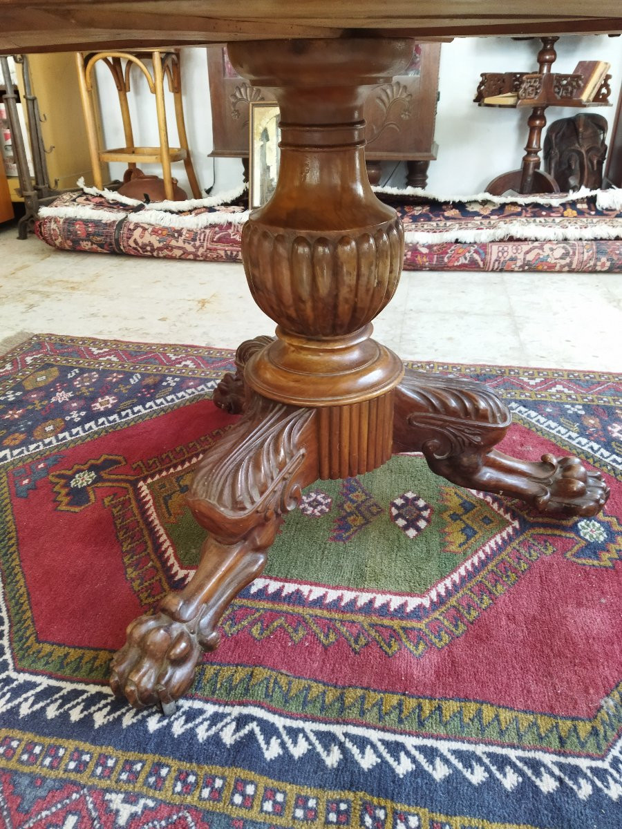 Pedestal Table, Solid Wood, Mahogany Veneer, Tripod Base With Claw Feet, Marble Top -photo-2