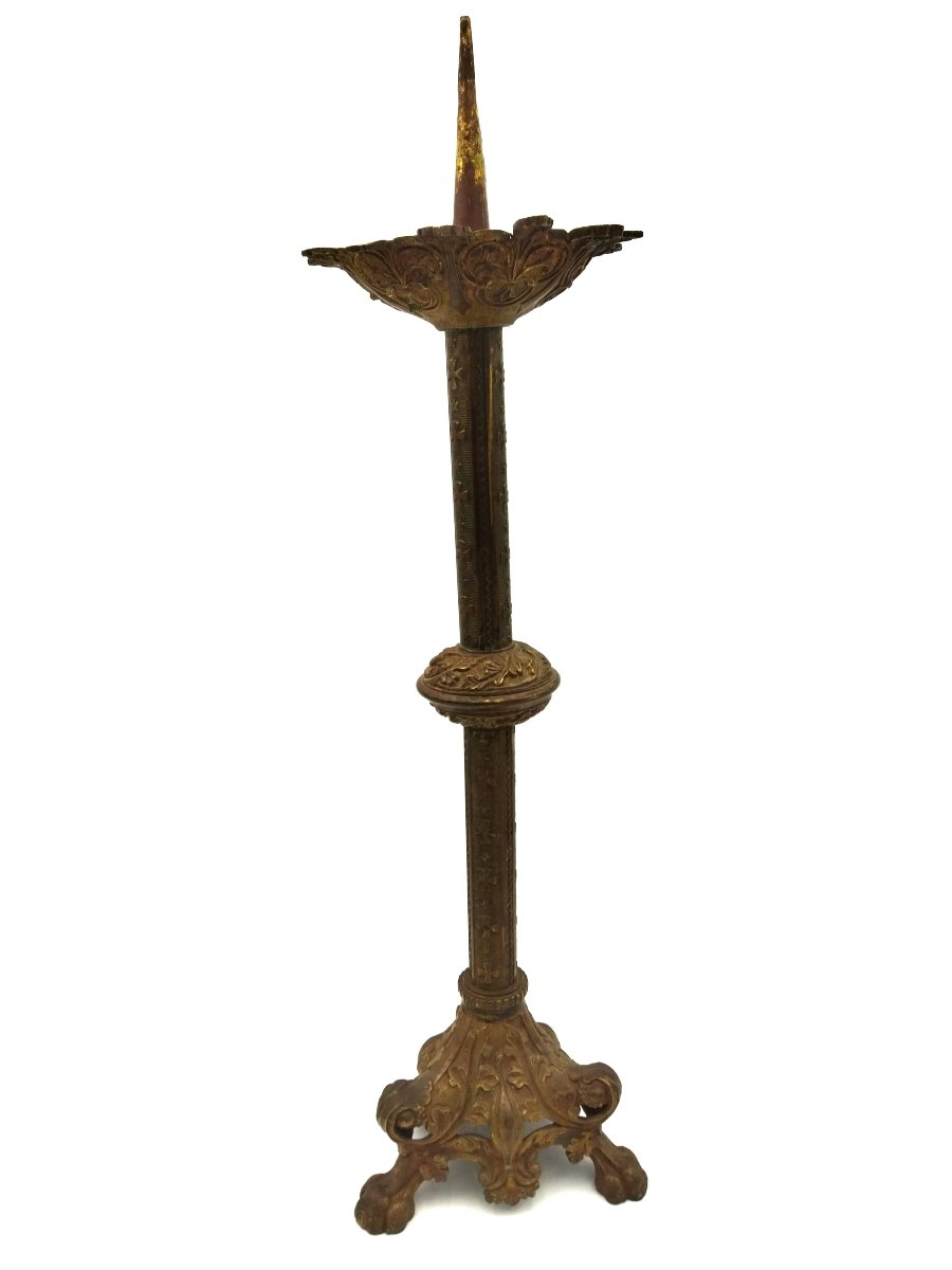 PIQUE CIERGE Ancien en Bronze Piètement tripode à Griffes 60cms-photo-2