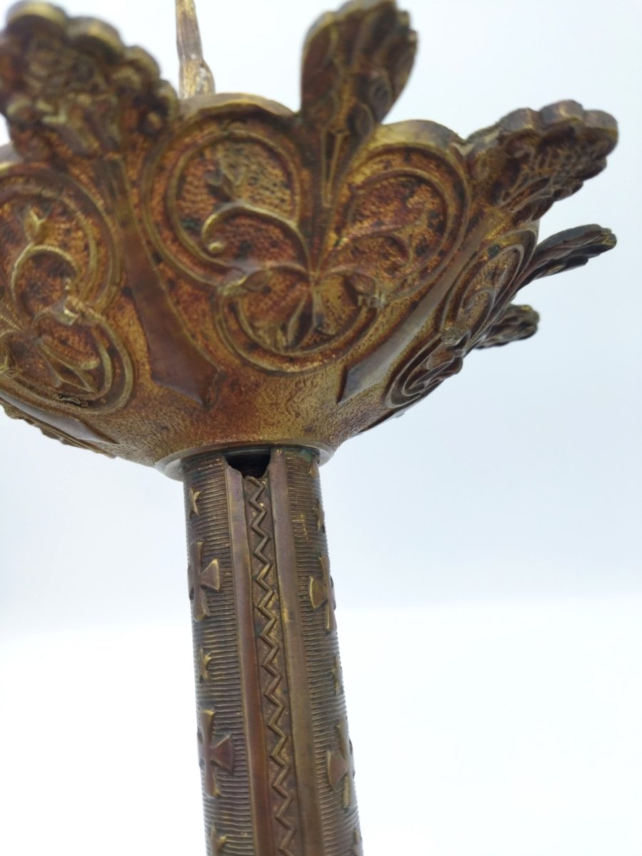 PIQUE CIERGE Ancien en Bronze Piètement tripode à Griffes 60cms-photo-5