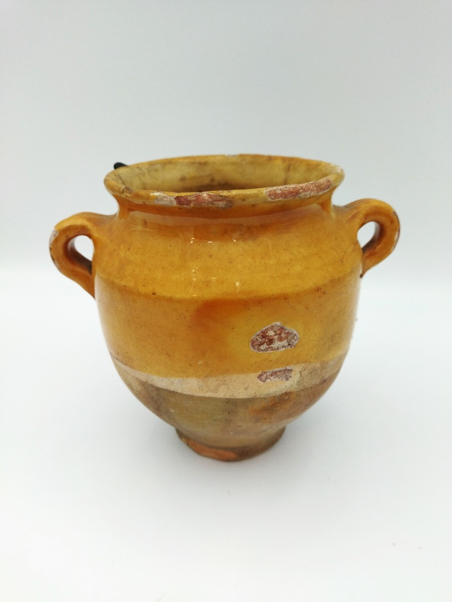 POTERIE Vernissée ancienne Sud-Ouest Petit Pot à Graisse/Confit Art Populaire Collection 14cms