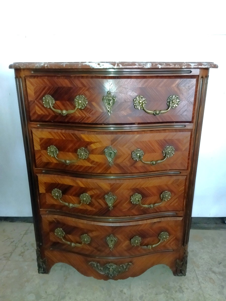 Louis XV Style Curved Chest Of Drawers With 4 Drawers, Solid Wood And Veneer, 19th Century Style, 42x82cms