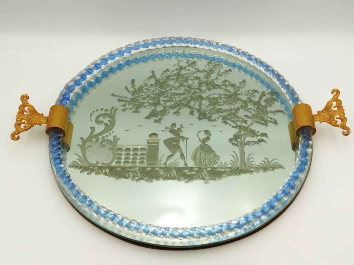 MURANO PLATEAU  MIROIR Vintage en Verre gravé de Scènes galantes du XVIII