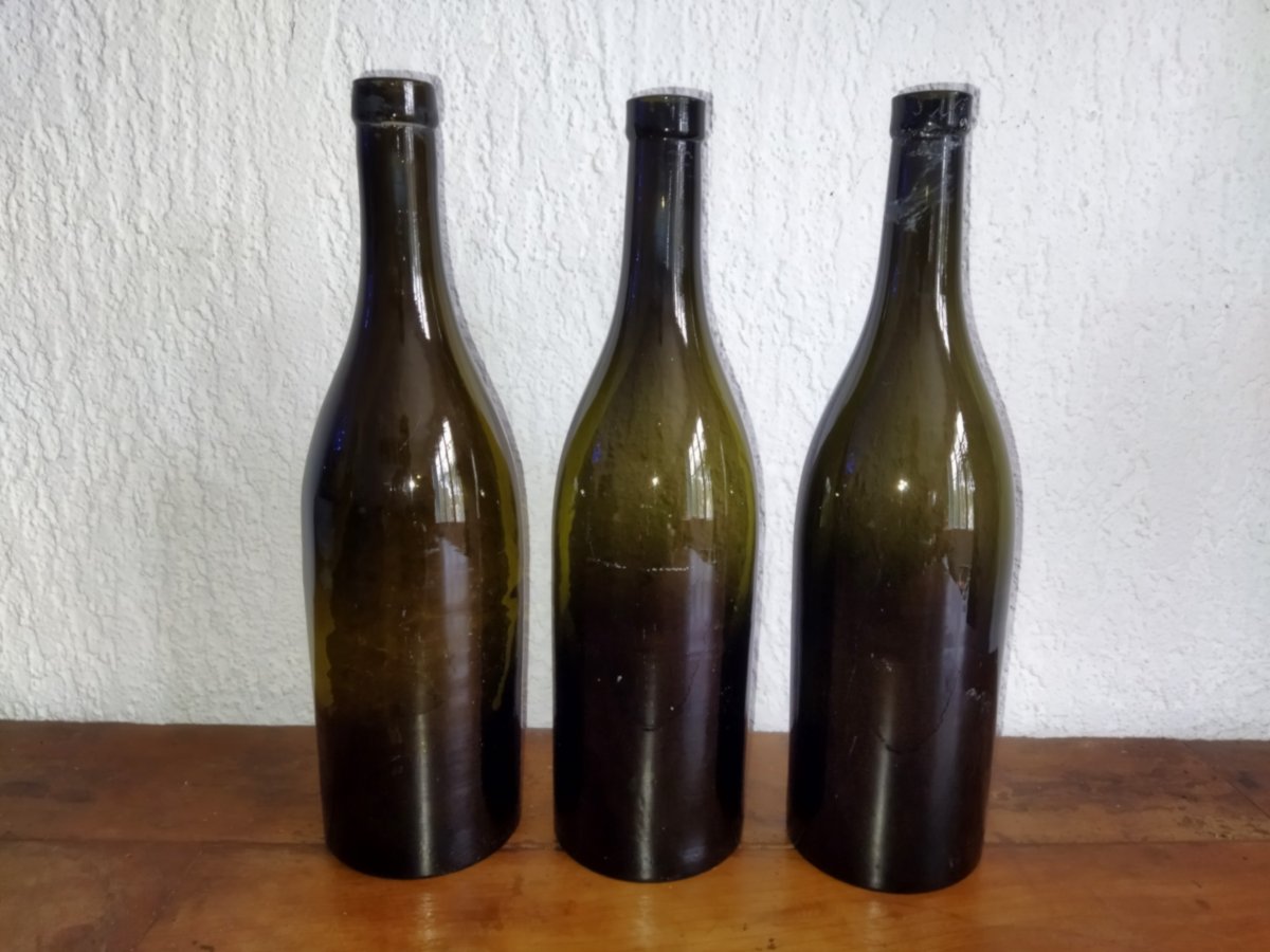 6 Antique Wine Bottles, Blown Glass, 19th Century Tableware-photo-4