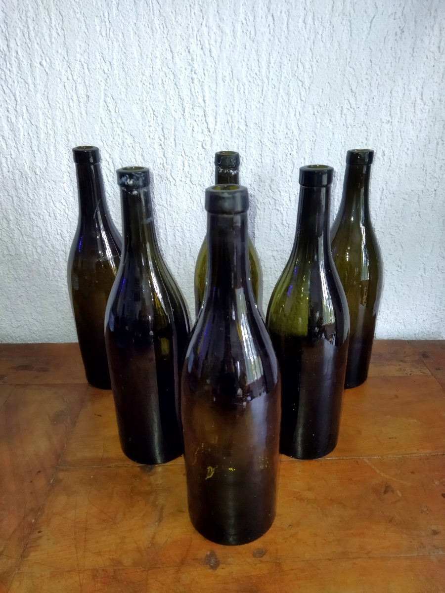 6 Antique Wine Bottles, Blown Glass, 19th Century Tableware