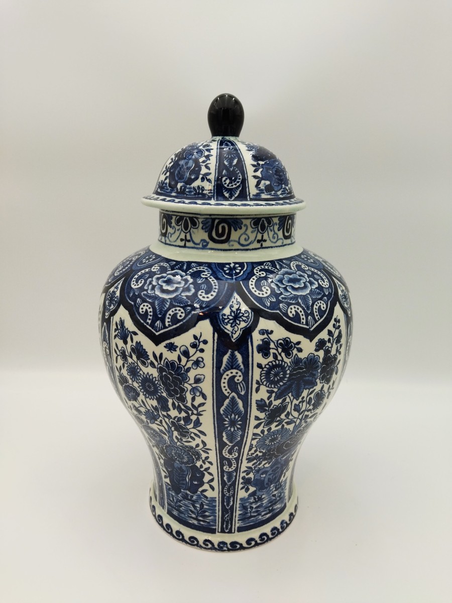 DELFT BOCH Holland Grand Pot couvert Bleu cobalt Motif Floral 35cms