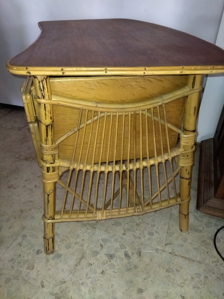 AUDOUX MINET BUREAU Vintage en Bois et Rotin Design Années 60-photo-2