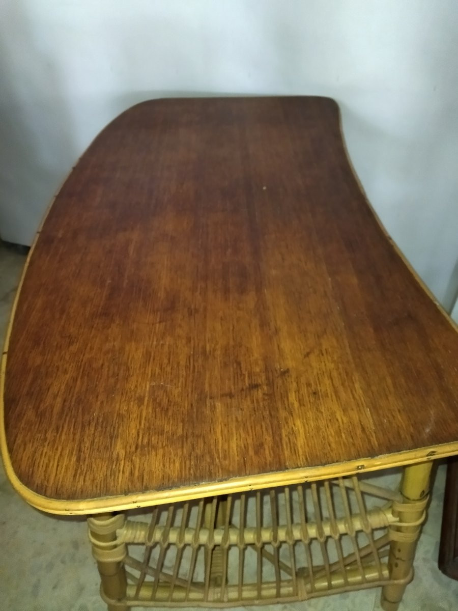 AUDOUX MINET BUREAU Vintage en Bois et Rotin Design Années 60-photo-1