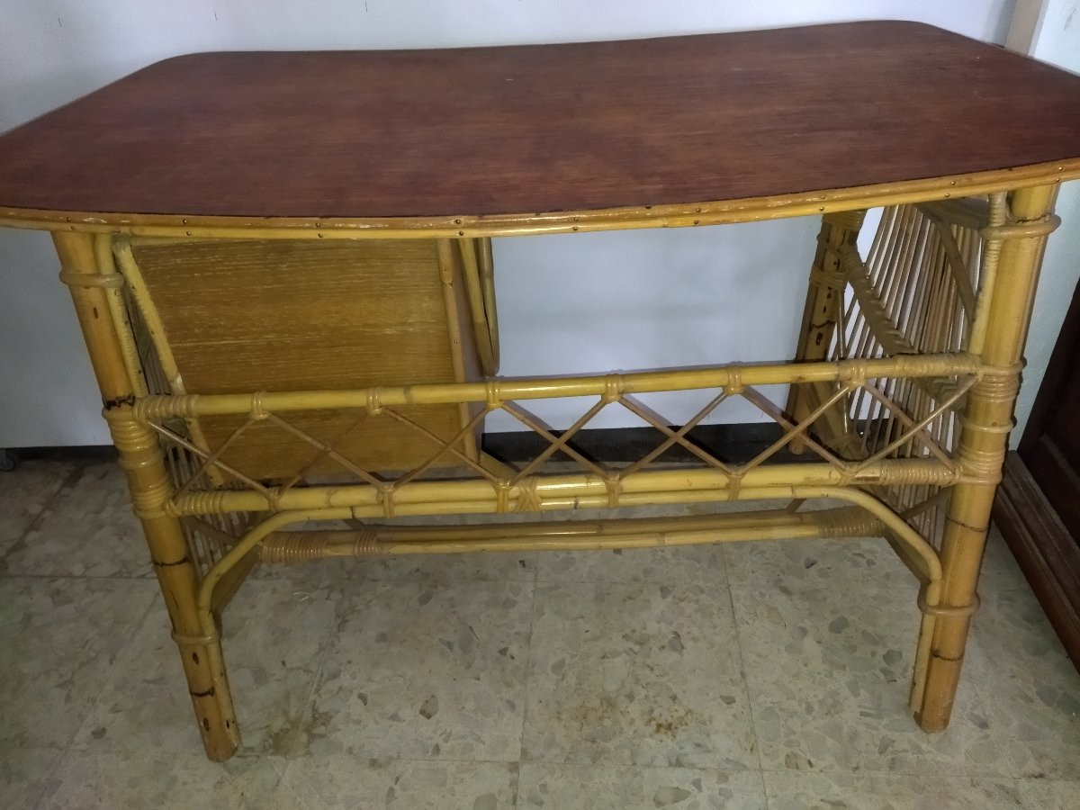 AUDOUX MINET BUREAU Vintage en Bois et Rotin Design Années 60-photo-2
