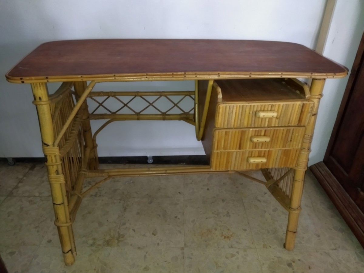 AUDOUX MINET BUREAU Vintage en Bois et Rotin Design Années 60