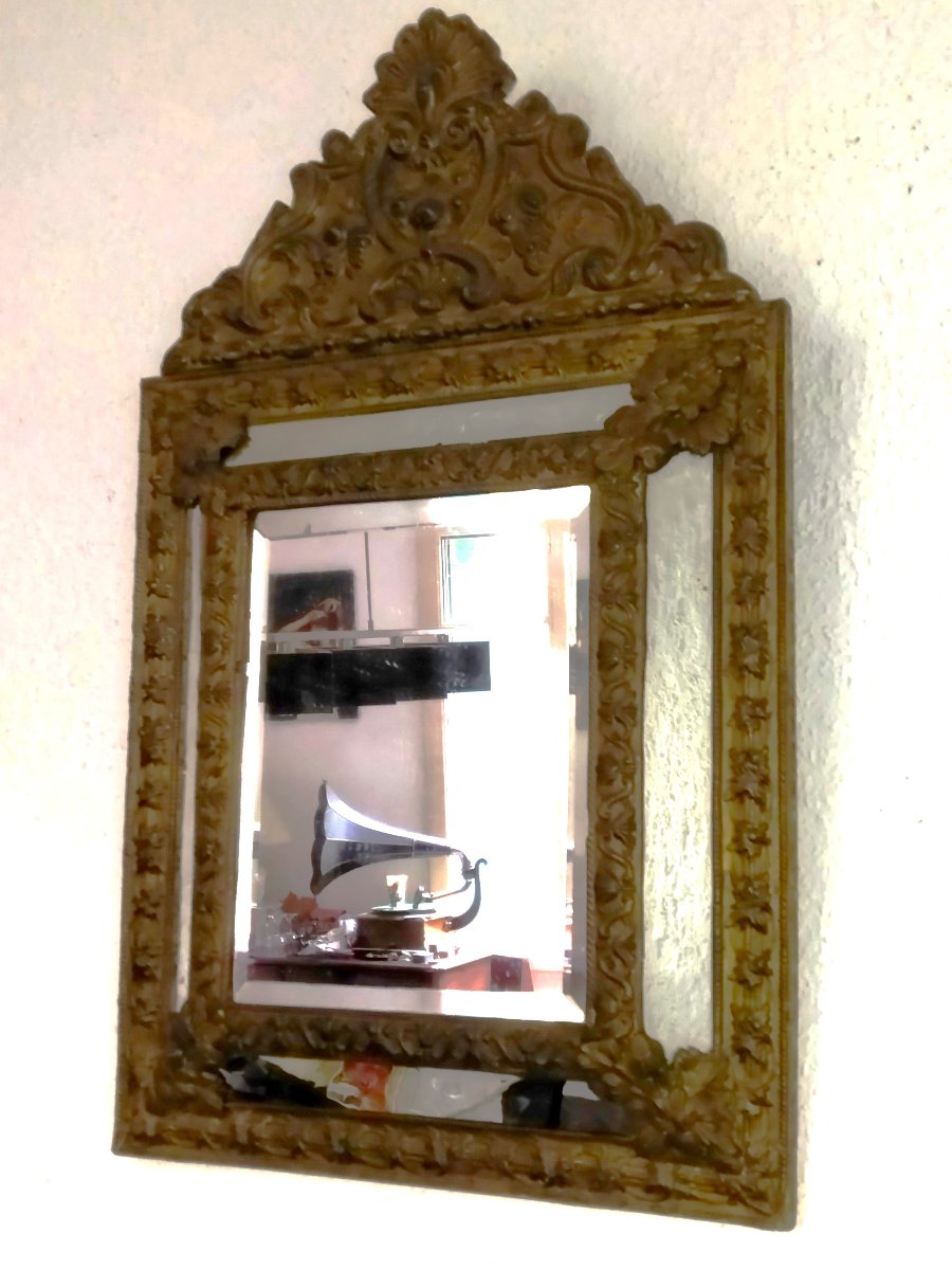 Napoleon III Mirror With Gilded Stamped Brass Frame And Beveled Glass, 19th Century-photo-3