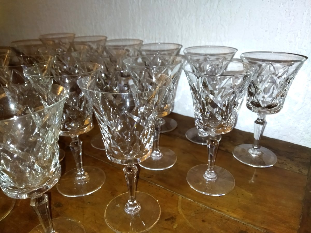 Val St Lambert 3 Set Of 7 Stemmed Glasses In Cut Crystal, Tableware-photo-2
