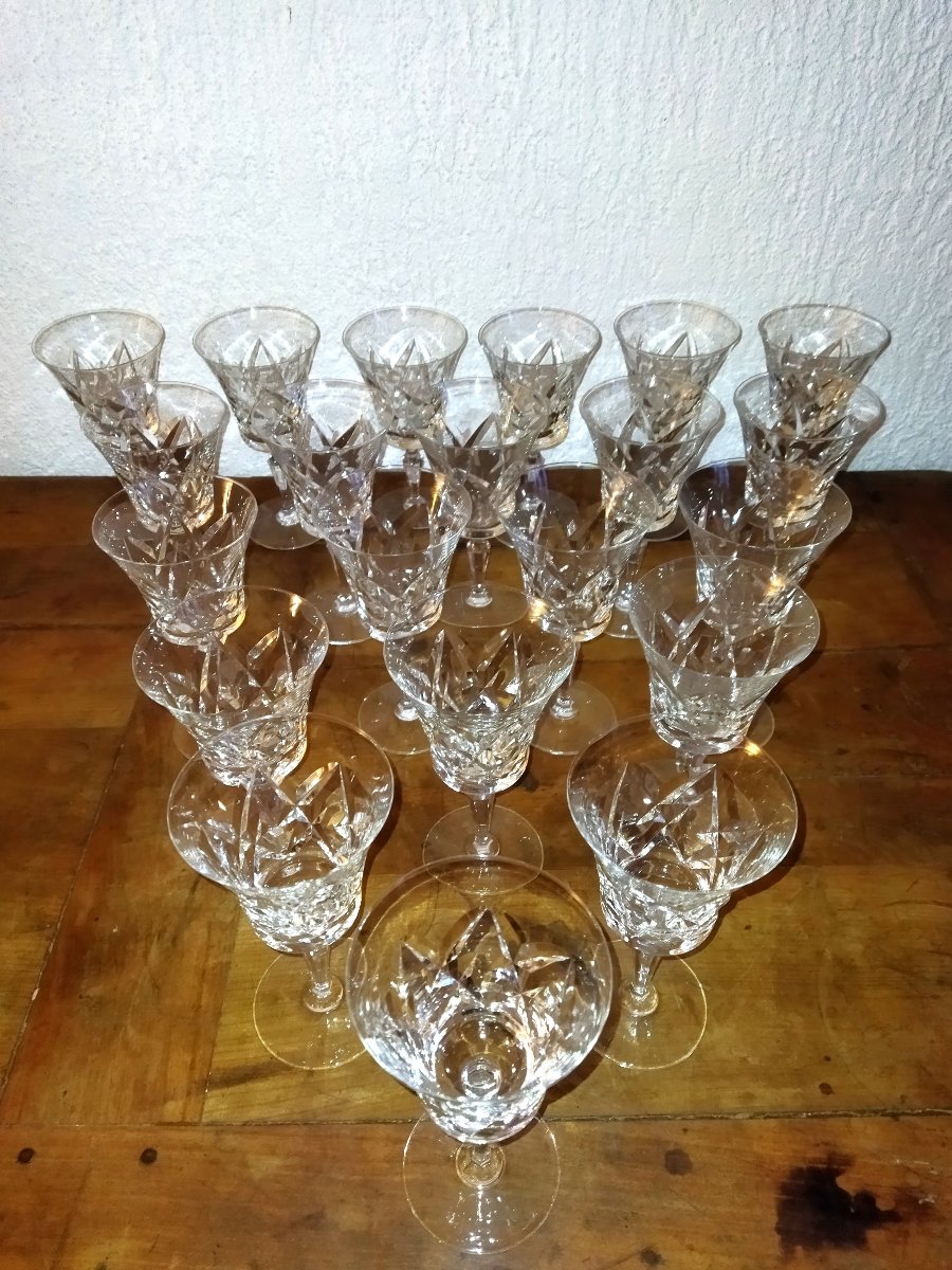 Val St Lambert 3 Set Of 7 Stemmed Glasses In Cut Crystal, Tableware-photo-3