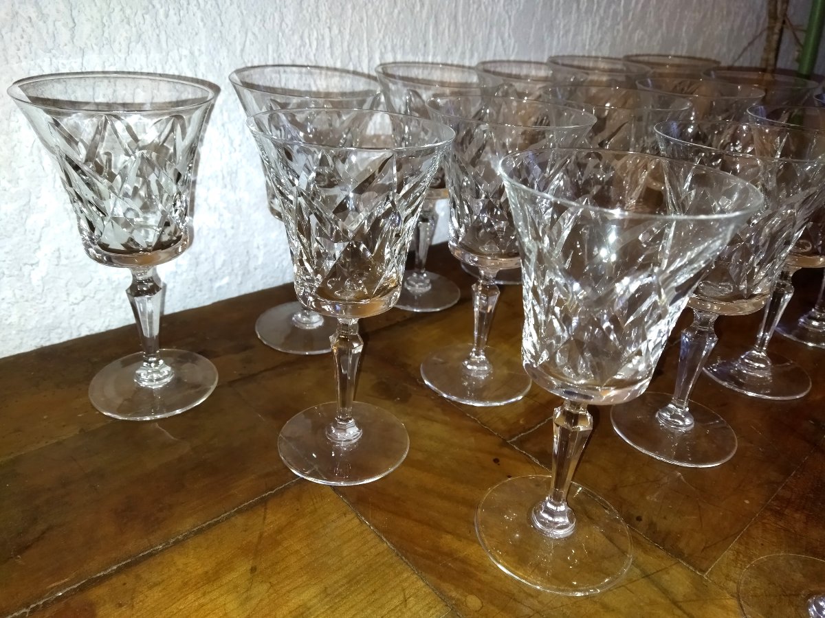 Val St Lambert 3 Set Of 7 Stemmed Glasses In Cut Crystal, Tableware-photo-4