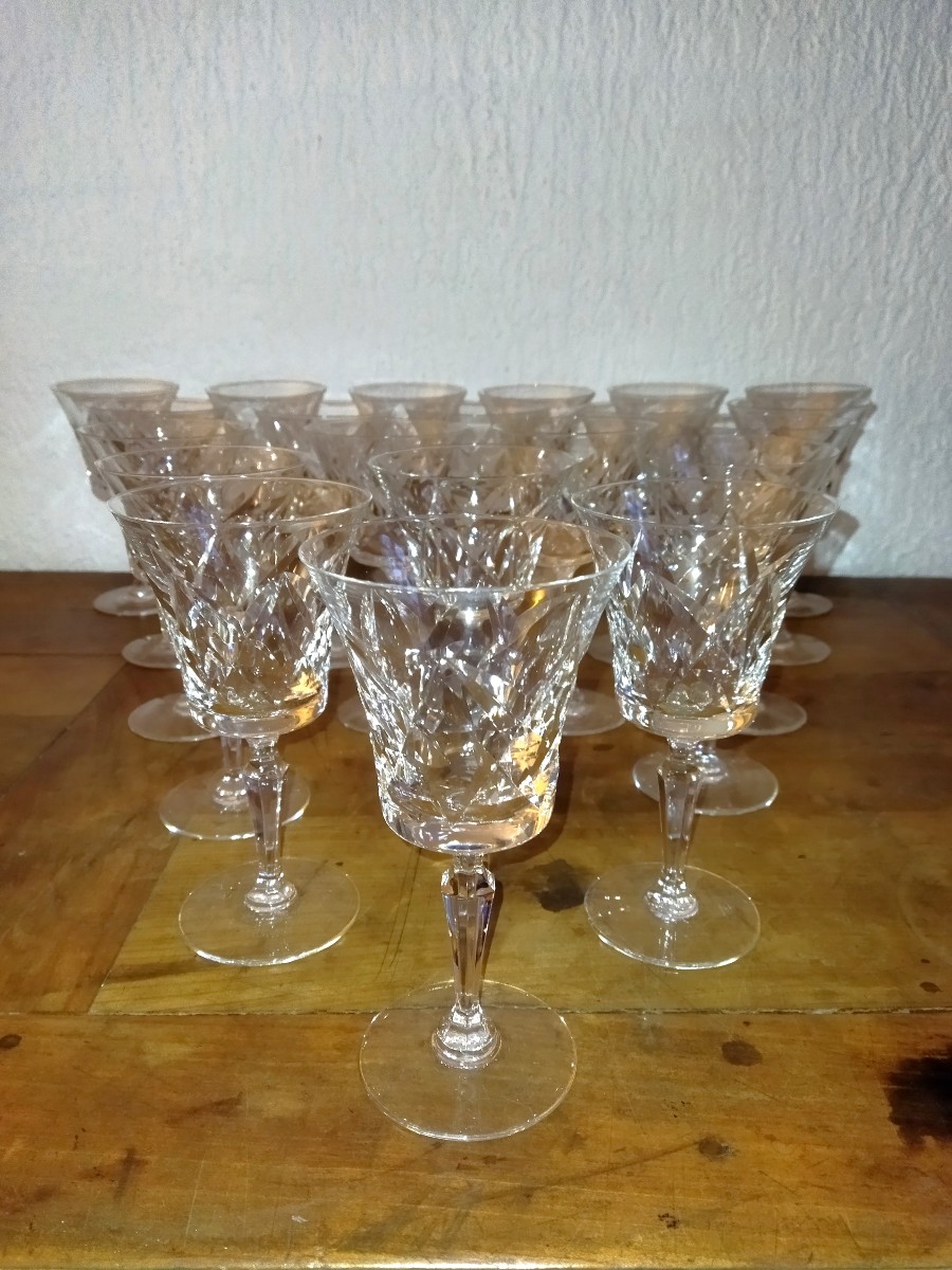 Val St Lambert 3 Set Of 7 Stemmed Glasses In Cut Crystal, Tableware