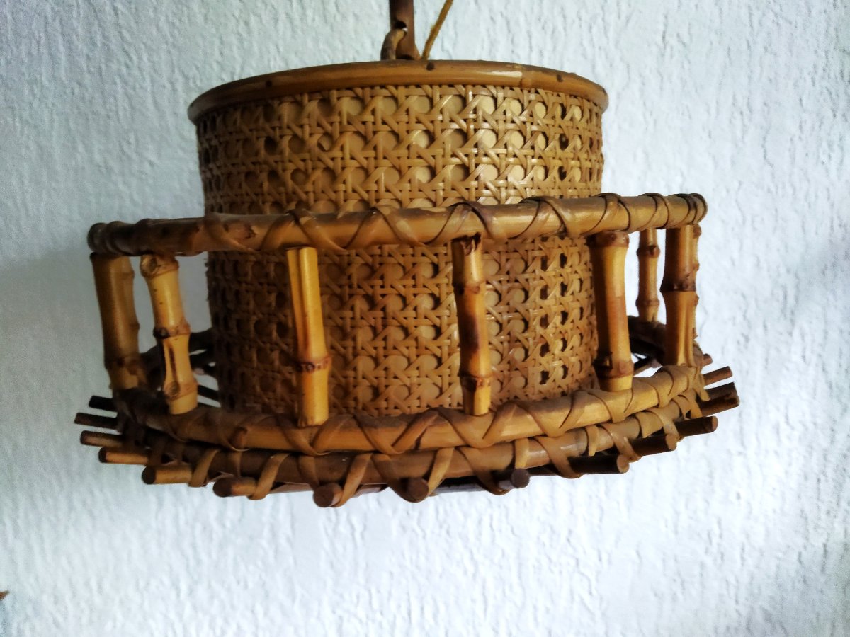 Vintage Wood, Bamboo And Rattan Chandelier By Sognot Audoux-minet -photo-1