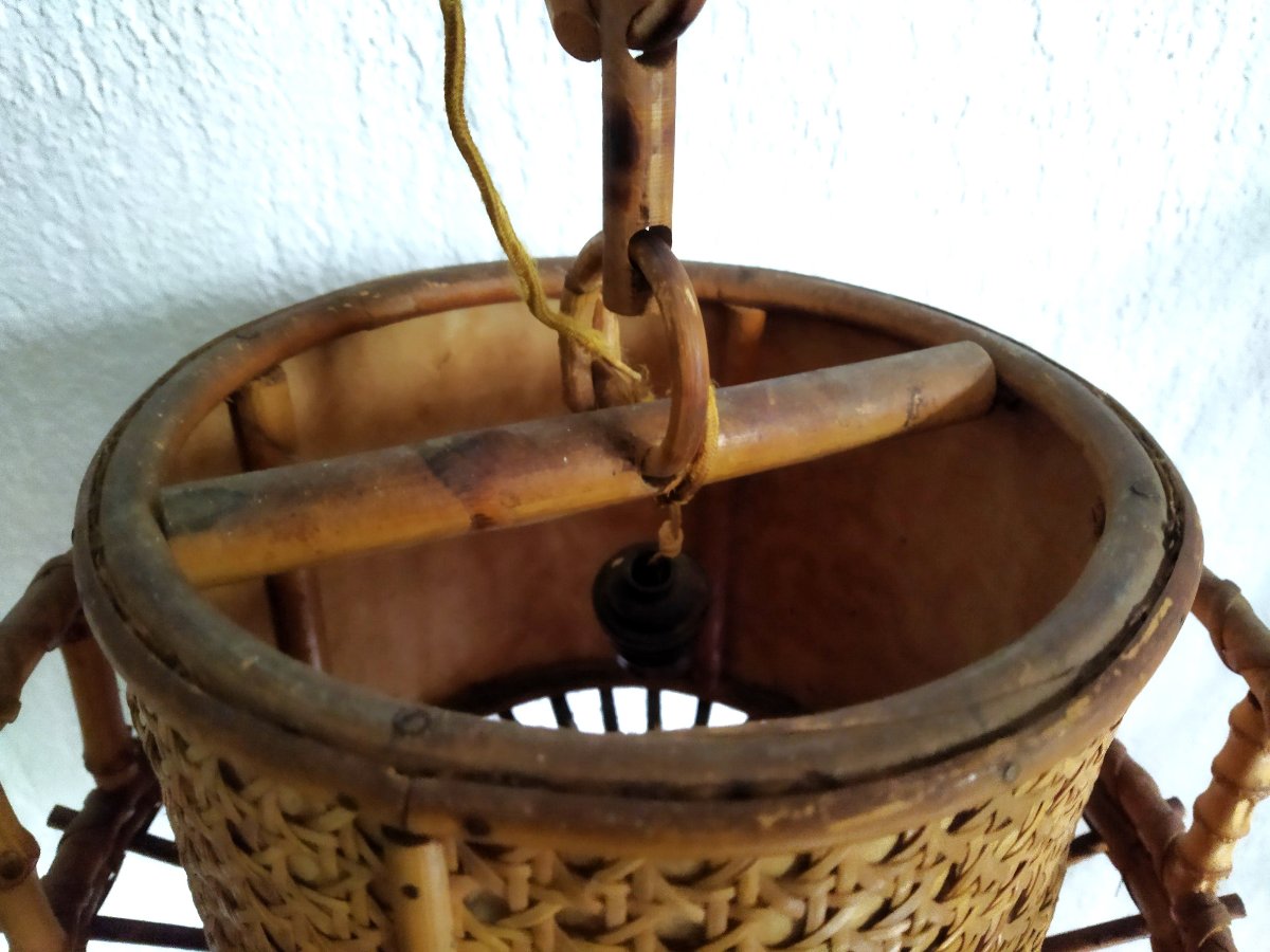Vintage Wood, Bamboo And Rattan Chandelier By Sognot Audoux-minet -photo-3