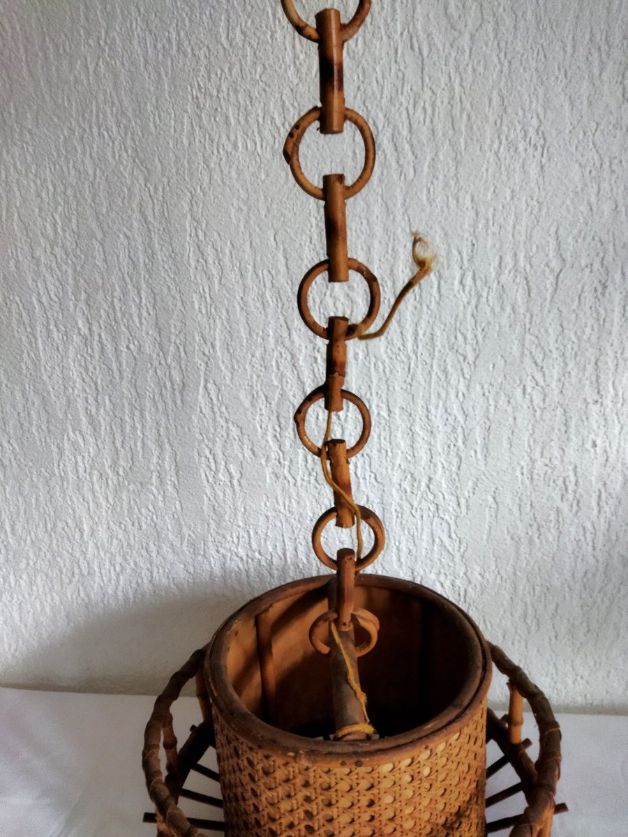 Vintage Wood, Bamboo And Rattan Chandelier By Sognot Audoux-minet -photo-4
