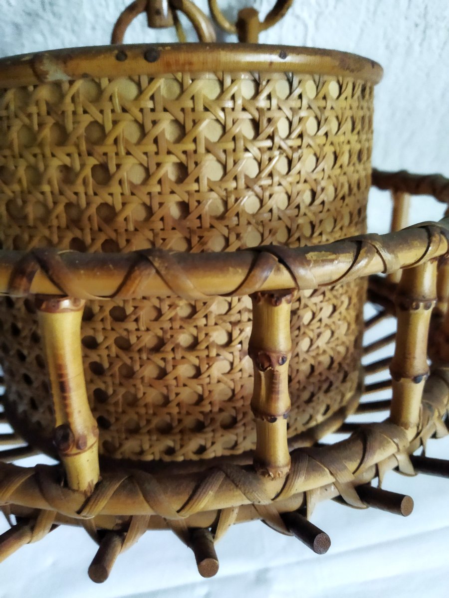 Vintage Wood, Bamboo And Rattan Chandelier By Sognot Audoux-minet -photo-5