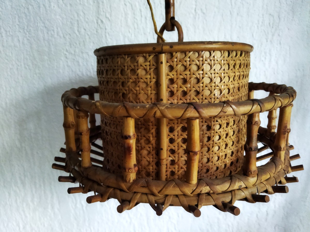 Vintage Wood, Bamboo And Rattan Chandelier By Sognot Audoux-minet 