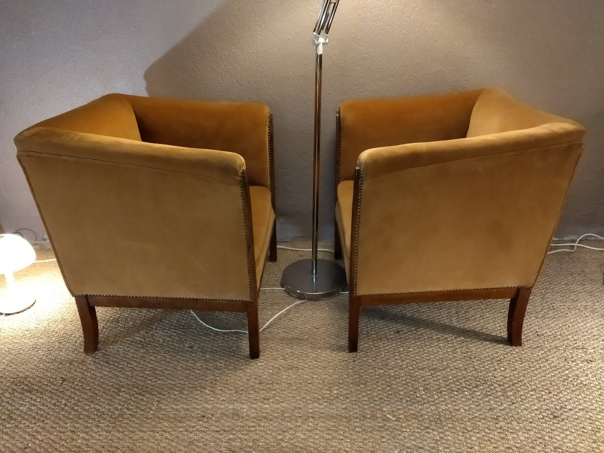 ART DÉCO Paire de Fauteuils Bois massif et Tissu mordoré-photo-2
