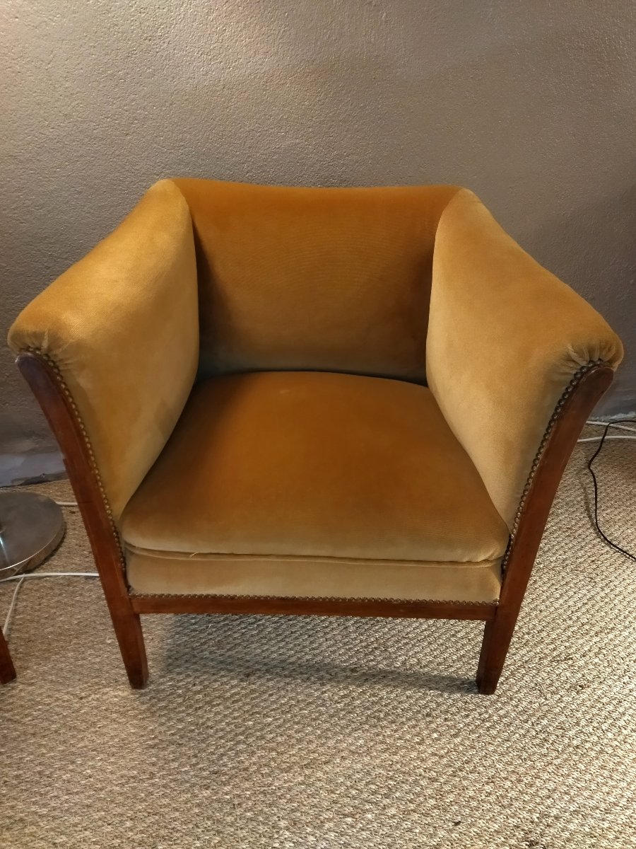 ART DÉCO Paire de Fauteuils Bois massif et Tissu mordoré-photo-1