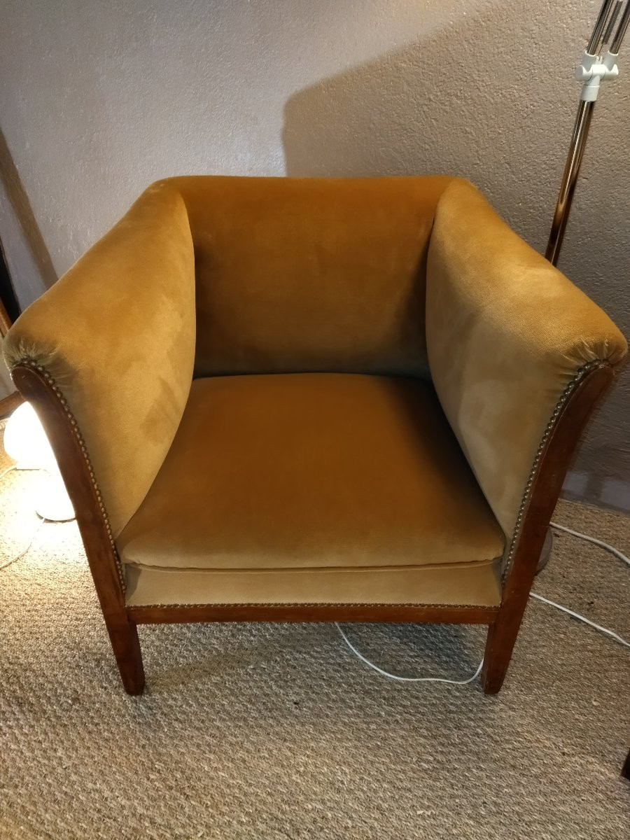 ART DÉCO Paire de Fauteuils Bois massif et Tissu mordoré-photo-2