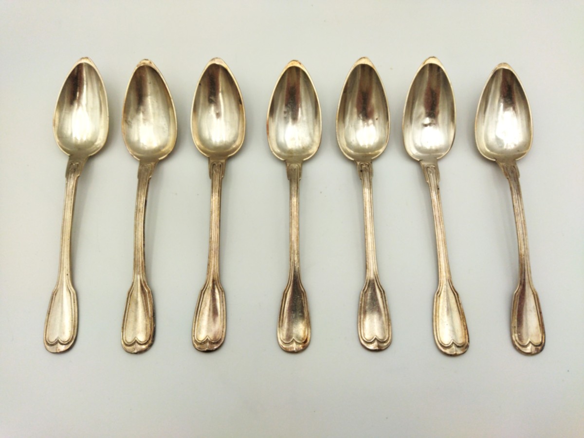 Set Of 7 Solid Silver Teaspoons, Minerva Mark, 19th Century, Maker's Mark