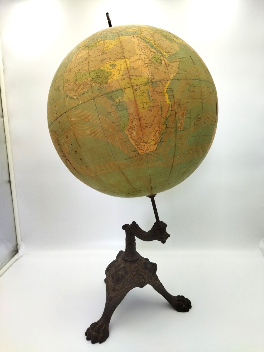 GLOBE TERRESTRE Ancien Papier Mâché Piètement Fonte 65cms GIRARD & BOITTE XIX-photo-2