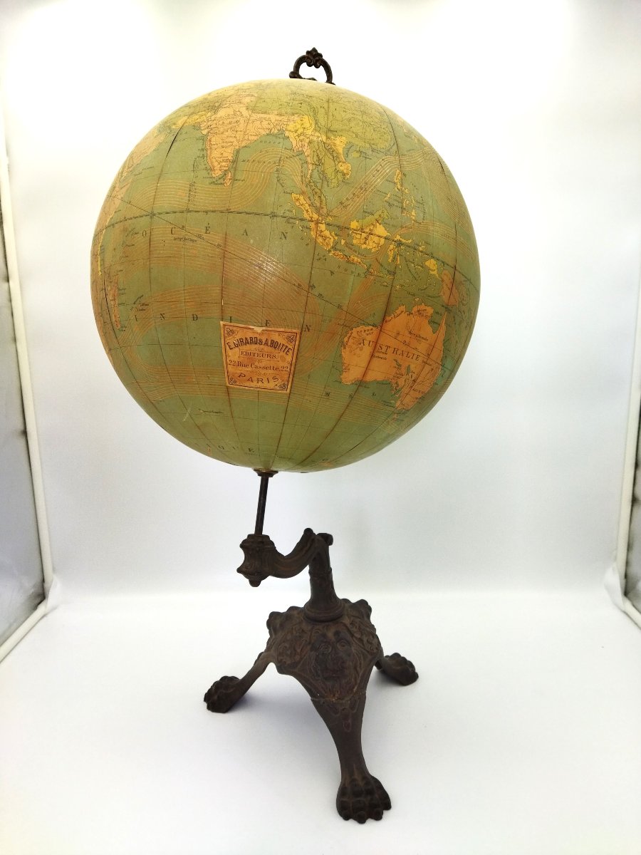 GLOBE TERRESTRE Ancien Papier Mâché Piètement Fonte 65cms GIRARD & BOITTE XIX-photo-3