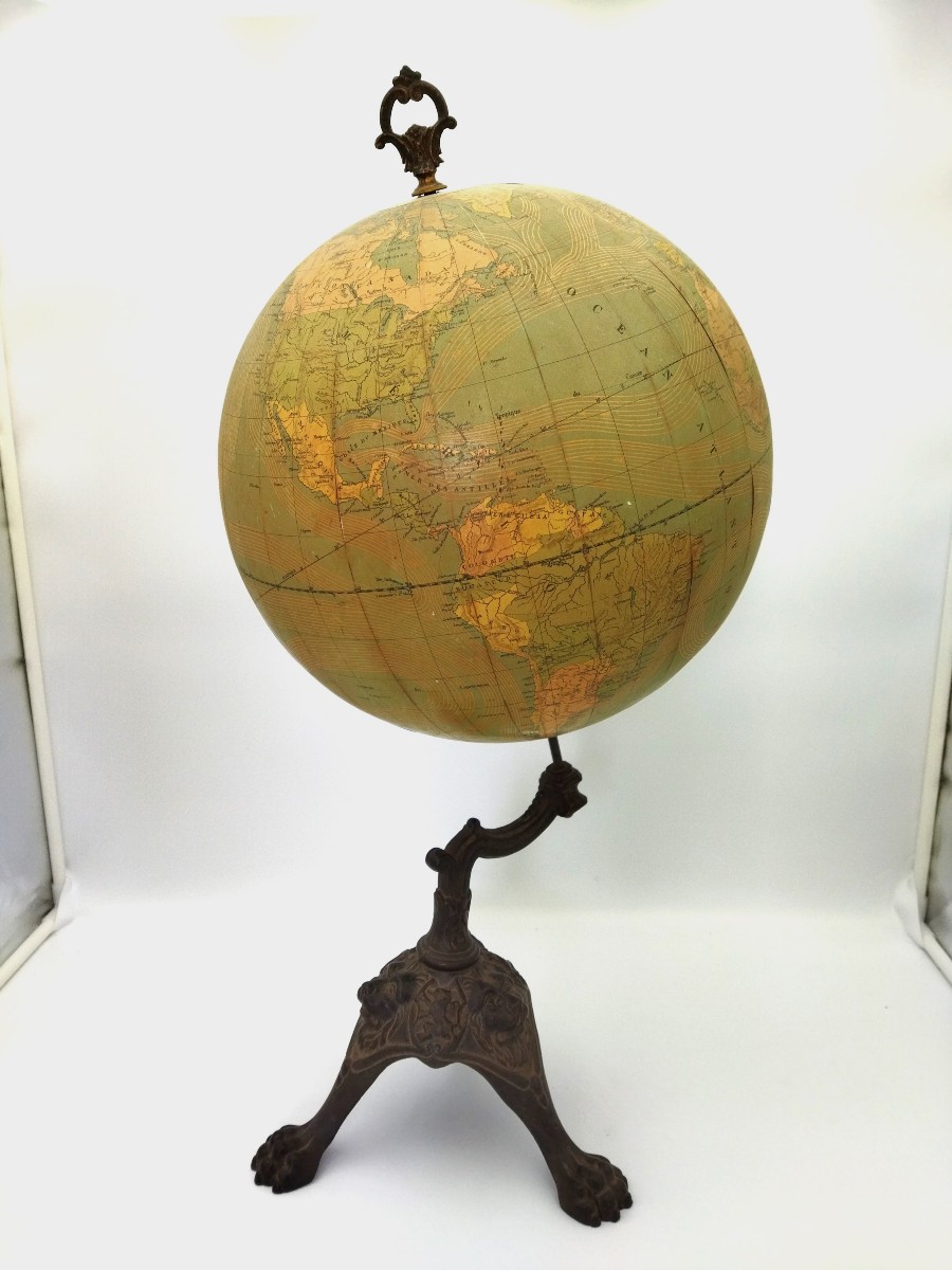 GLOBE TERRESTRE Ancien Papier Mâché Piètement Fonte 65cms GIRARD & BOITTE XIX