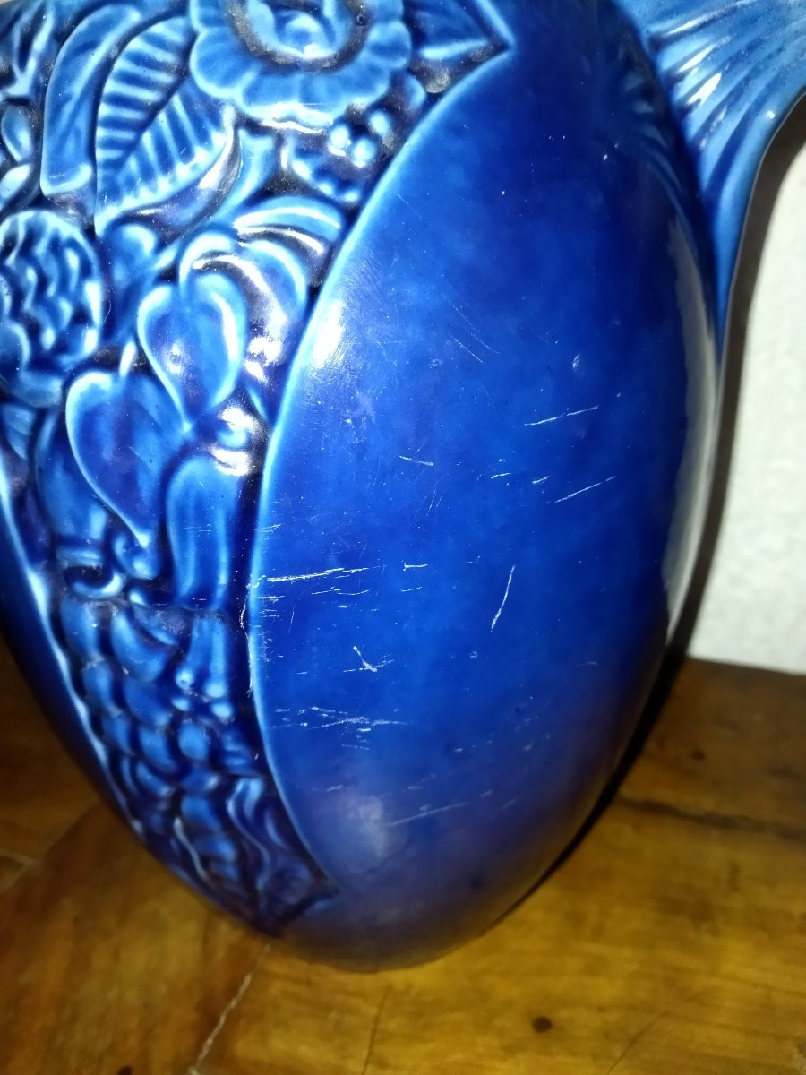 ART DECO Paire de Vases Poteries en Fonte émaillée Bleue -photo-2
