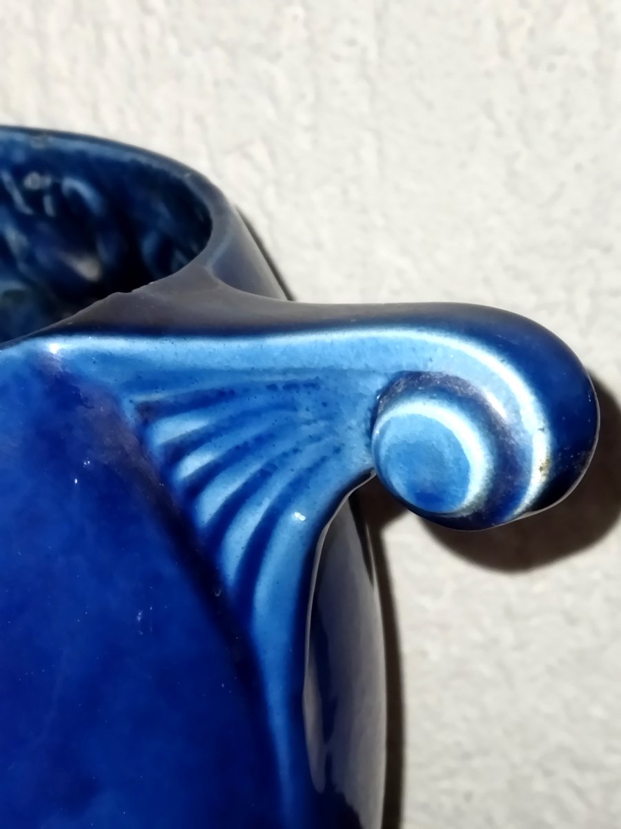 ART DECO Paire de Vases Poteries en Fonte émaillée Bleue -photo-3