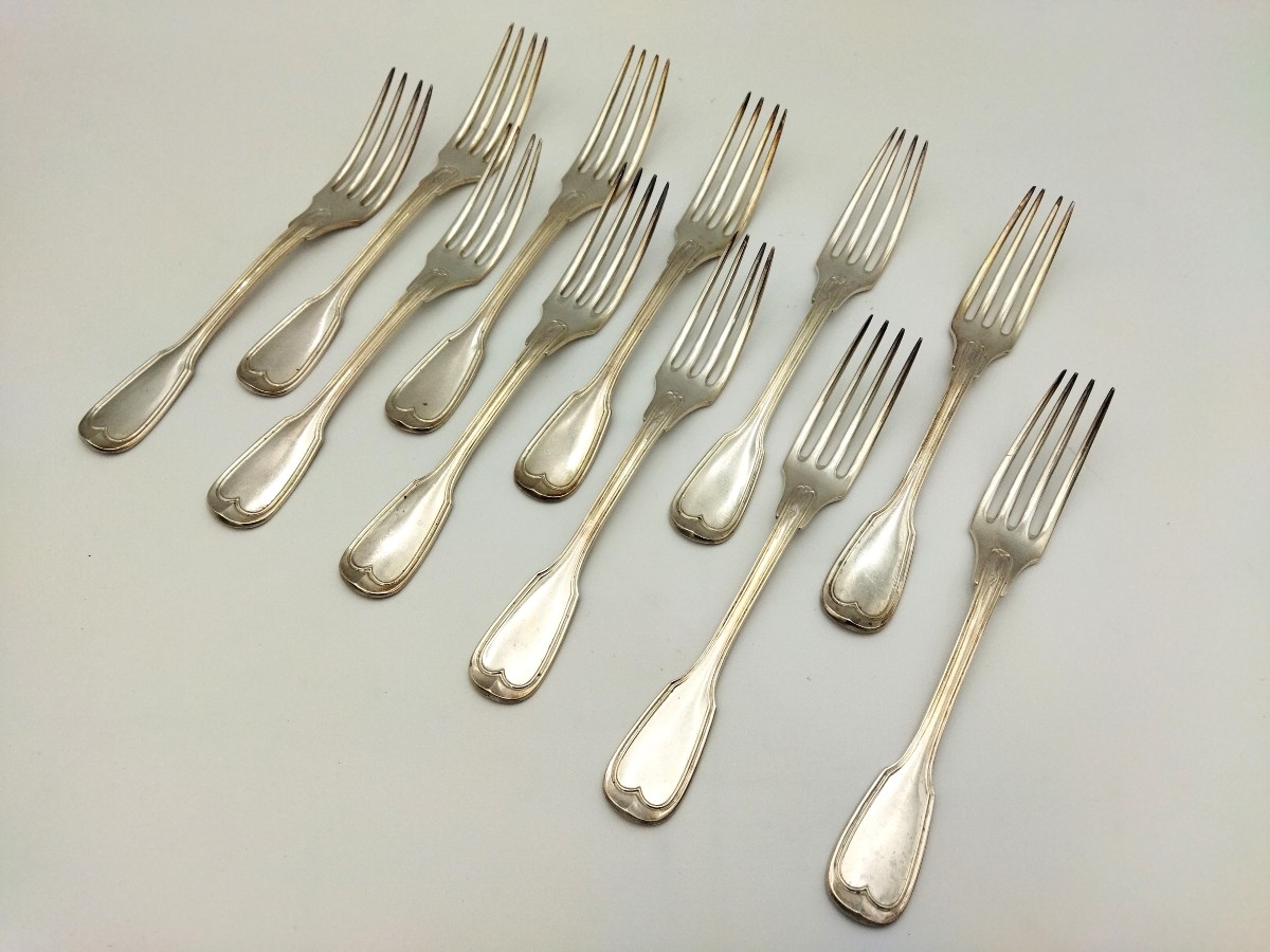 Série de 11 Fourchettes en Argent massif Minerve Poinçon Orfèvre MAITREAU  XIX