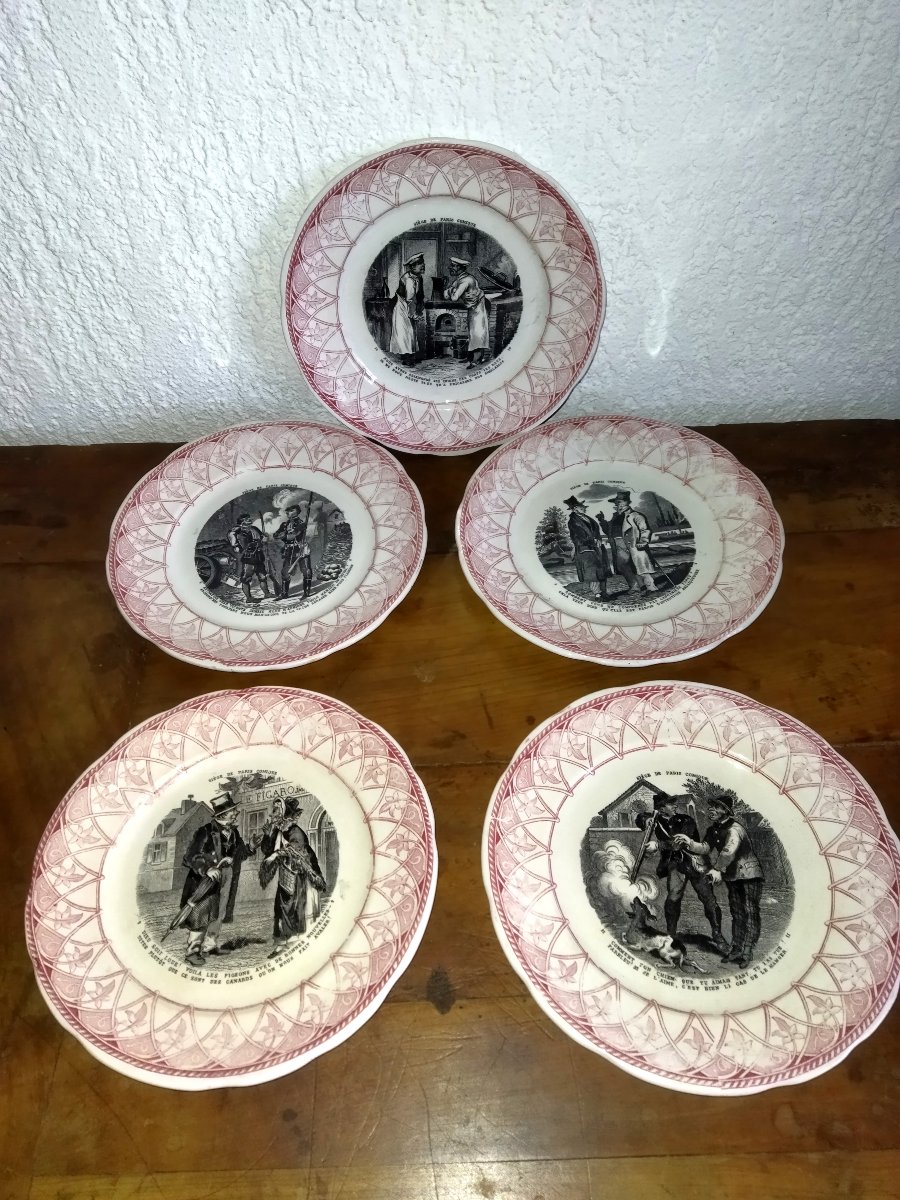 Digoin Sarreguemines Set Of 9 Antique Inscribed Plates "siege Of Paris Comique" 19th Century-photo-1