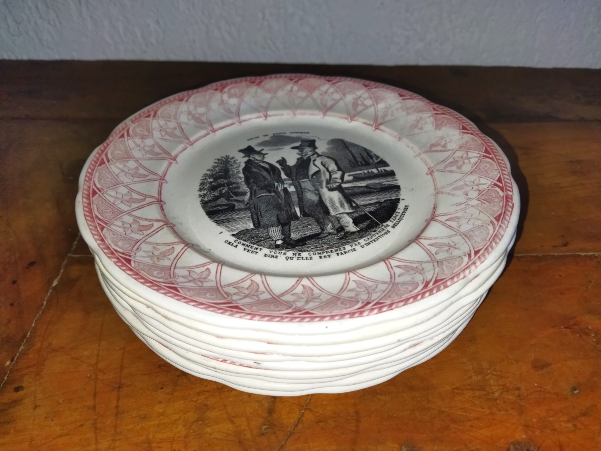 Digoin Sarreguemines Set Of 9 Antique Inscribed Plates "siege Of Paris Comique" 19th Century
