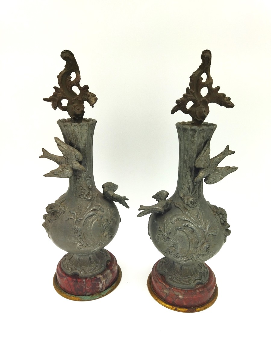 Art Nouveau Pair Of Pewter/spelter Vases Decorated With Doves And Flowers